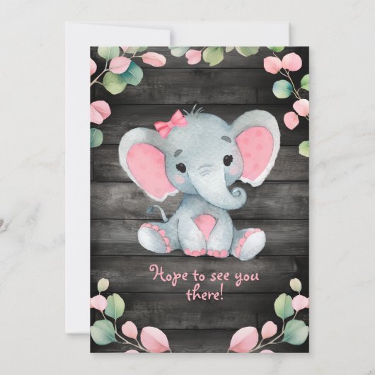 Groen Roze Olifant Baby shower uitnodiging Rustiek (Achterkant)