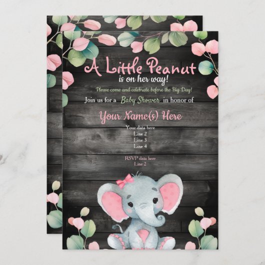 Groen Roze Olifant Baby shower uitnodiging Rustiek (Voorkant / Achterkant)