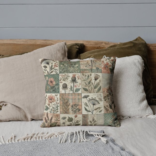 Groen Roze Patchwork Quilt Rustiek Retro  Kussen (Creator heeft geüpload)
