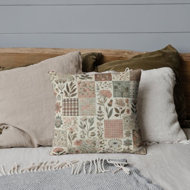 Groen Roze Patchwork Quilt Rustiek Retro  Kussen (Creator heeft geüpload)