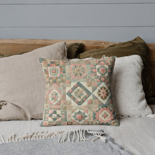 Groen Roze Patchwork Quilt Rustiek Retro Kussen