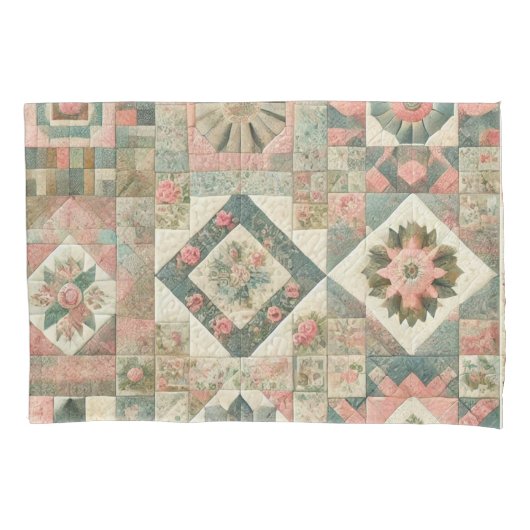 Groen Roze Patchwork Quilt Rustieke  Bloemen Kussensloop (Voorkant)