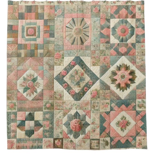Groen Roze Patchwork Rustieke Retro Bloemen Boerde Douchegordijn (Voorkant)