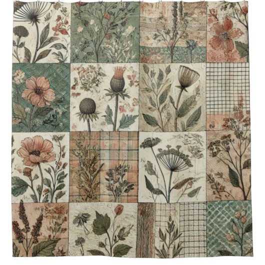 Groen Roze Patchwork Rustieke Retro Bloemen Boerde Douchegordijn (Voorkant)