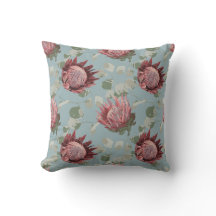Groen & Roze Protea op Frans blauw Kussen