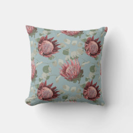 Groen & Roze Protea op Frans blauw Kussen
