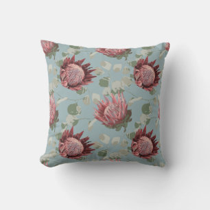 Groen & Roze Protea op Frans blauw Kussen