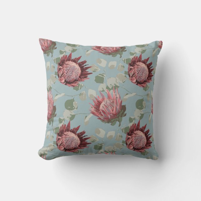 Groen & Roze Protea op Frans blauw Kussen (Voorkant)