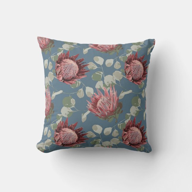 Groen & Roze Protea op Grijs Blauw Accentkussen Kussen (Voorkant)