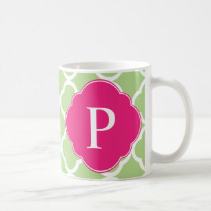 Groen roze quatrefolie monogram koffiemok