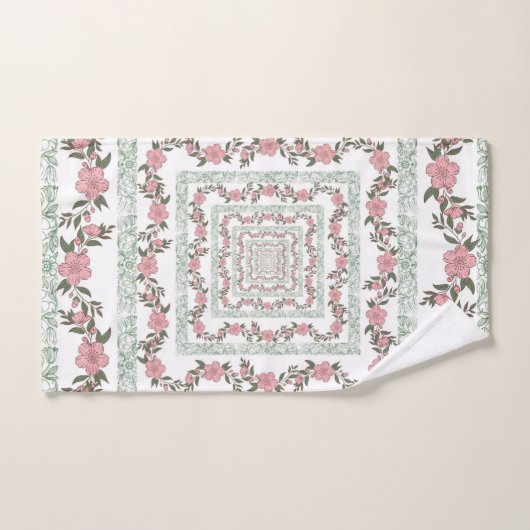 Groen Roze Rand Retro Y2K 70s Bloempatroon Bad Handdoek (Handdoek)