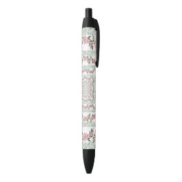 Groen Roze Rand Retro Y2K 70s Bloempatroon Zwarte Inkt Pen