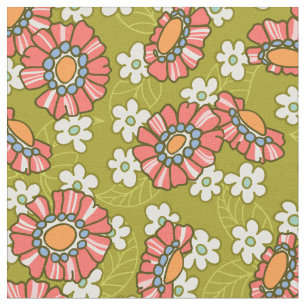Groen & Roze Retro Bloemen Patroon Stof