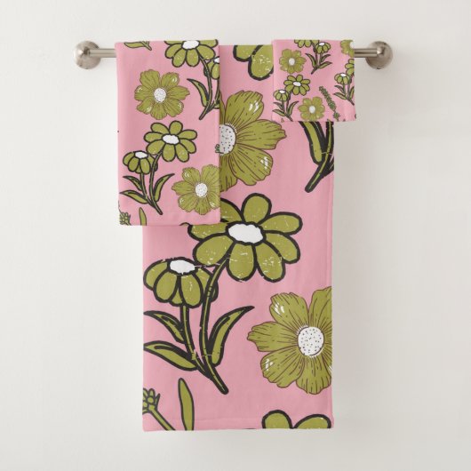 Groen Roze Retro Y2K Funky Hippie Bloempatroon Bad Handdoek (Insitu)