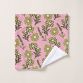 Groen Roze Retro Y2K Funky Hippie Bloempatroon Bad Handdoek (Wasdoekje)