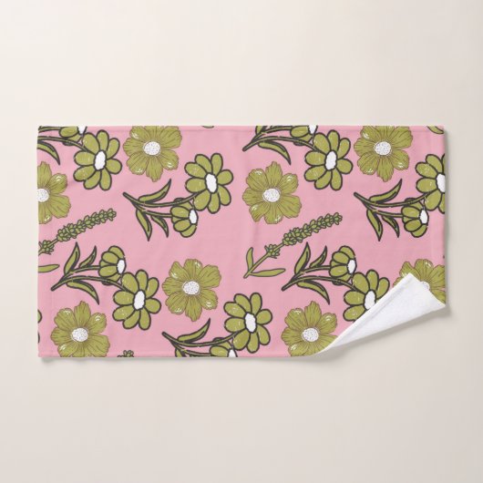 Groen Roze Retro Y2K Funky Hippie Bloempatroon Bad Handdoek (Handdoek)