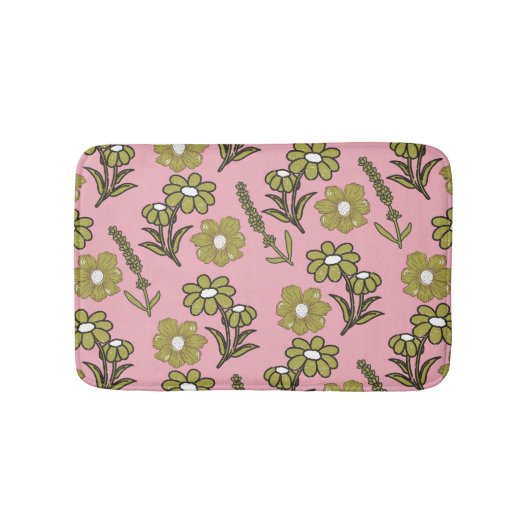 Groen Roze Retro Y2K Funky Hippie Bloempatroon Badmat (Voorkant)