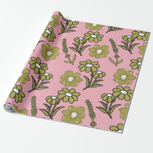 Groen Roze Retro Y2K Funky Hippie Bloempatroon Cadeaupapier