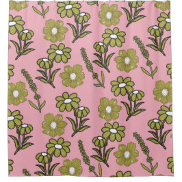 Groen Roze Retro Y2K Funky Hippie Bloempatroon Douchegordijn