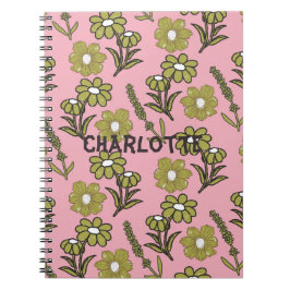 Groen Roze Retro Y2K Funky Hippie Bloempatroon Notitieboek
