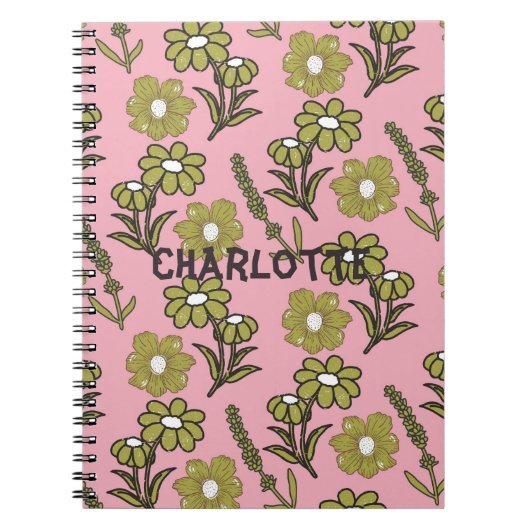 Groen Roze Retro Y2K Funky Hippie Bloempatroon Notitieboek (Voorkant)