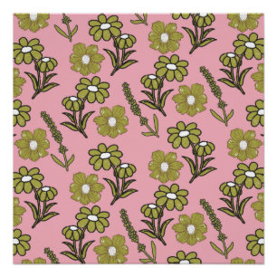 Groen Roze Retro Y2K Funky Hippie Bloempatroon Perfect Poster