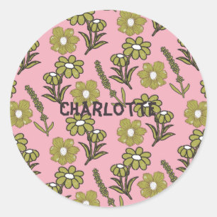 Groen Roze Retro Y2K Funky Hippie Bloempatroon Ronde Sticker