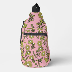 Groen Roze Retro Y2K Funky Hippie Bloempatroon Sling Bag