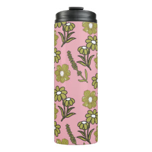 Groen Roze Retro Y2K Funky Hippie Bloempatroon Thermosbeker
