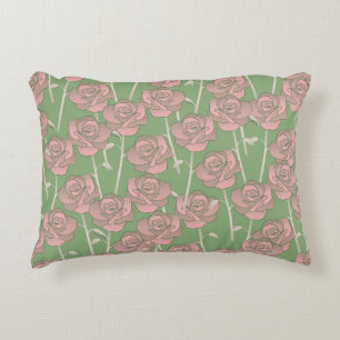 Groen Roze Roos Retro Y2K 70s Bloempatroon Accent Kussen
