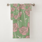 Groen Roze Roos Retro Y2K 70s Bloempatroon Bad Handdoek (Insitu)