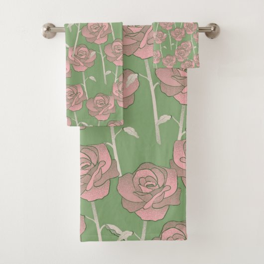 Groen Roze Roos Retro Y2K 70s Bloempatroon Bad Handdoek (Insitu)