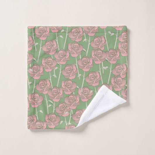 Groen Roze Roos Retro Y2K 70s Bloempatroon Bad Handdoek (Wasdoekje)