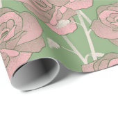 Groen Roze Roos Retro Y2K 70s Bloempatroon Cadeaupapier (Rol Hoek)