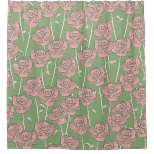 Groen Roze Roos Retro Y2K 70s Bloempatroon Douchegordijn (Voorkant)