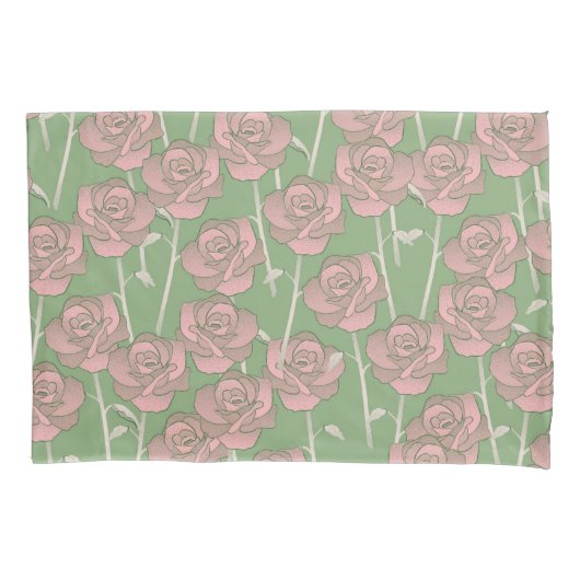 Groen Roze Roos Retro Y2K 70s Bloempatroon Kussensloop (Voorkant)
