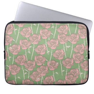 Groen Roze Roos Retro Y2K 70s Bloempatroon Laptop Sleeve
