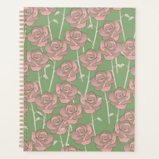 Groen Roze Roos Retro Y2K 70s Bloempatroon Planner (Voorkant)