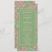 Groen Roze Roos Retro Y2K 70s Bloempatroon Programmakaart (Voorkant / Achterkant)