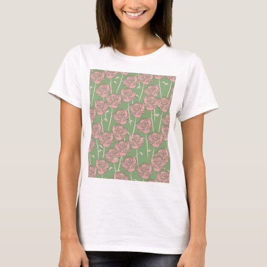 Groen Roze Roos Retro Y2K 70s Bloempatroon T-shirt (Voorkant)
