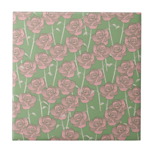 Groen Roze Roos Retro Y2K 70s Bloempatroon Tegeltje