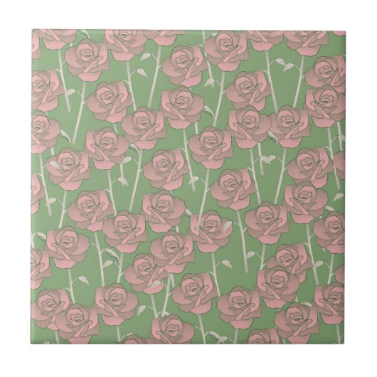 Groen Roze Roos Retro Y2K 70s Bloempatroon Tegeltje (Voorkant)