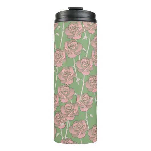 Groen Roze Roos Retro Y2K 70s Bloempatroon Thermosbeker (Voorkant)