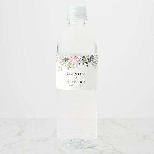 Groen Roze Rose Wedding Water Fles Labels Waterfles Etiket (Voorkant)