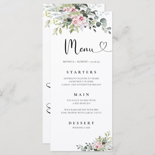 Groen Roze Roze Bruiloft Menu (Voorkant / Achterkant)