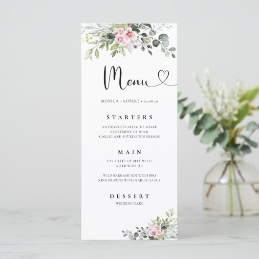 Groen Roze Roze Bruiloft Menu (Staand voorkant)