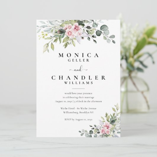 Groen Roze Roze Bruiloft uitnodiging (Staand voorkant)