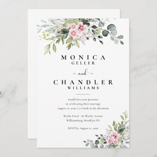 Groen Roze Roze Bruiloft uitnodiging (Voorkant / Achterkant)