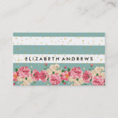  groen roze rozen gouden confetti strepen visitekaartje (Voorkant)