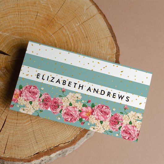  groen roze rozen gouden confetti strepen visitekaartje